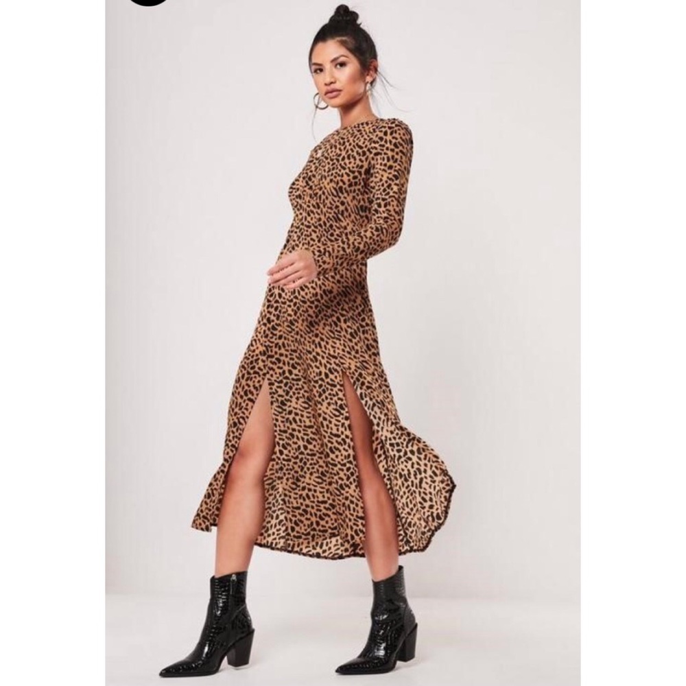 Leopard Print Double Split Midi Dress
